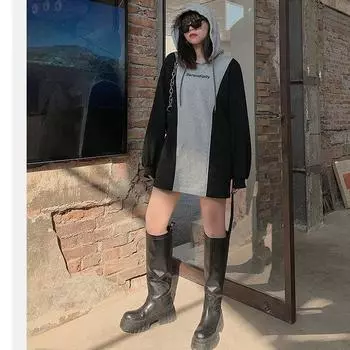 Осень-зима Корейская мода уличная одежда свободного покроя контрастного цвета в стиле Харадзюку с капюшоном платья для женщин повседневное мини-платье L чёрный