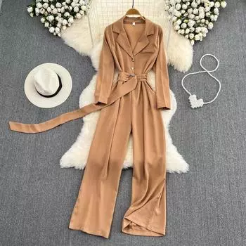 Осень-зима, корейская версия, модный темпераментный комбинезон с лацканами на талии, тонкий комбинезон с высокой талией, комбинезон для отдыха, длинные брюки