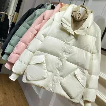 Осень-зима корейская версия пуховая куртка женская короткая свободная стойка воротник куртка хлеб европейская версия большой размер куртка прилив S белый