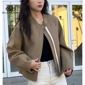 Осень-зима, корейский стиль, ретро нишевый дизайн, куртка Sense, повседневная шикарная универсальная куртка на молнии со свободным воротником onesize белый