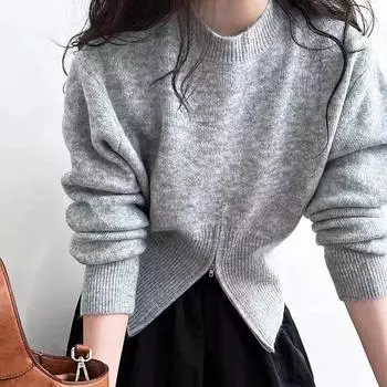 Осень-зима короткий свитер-пуловер на молнии для женщин, облегающий свитер с круглым вырезом и талией для женщин one size(45-63kg) чёрный