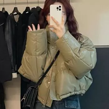 Осень-зима кожаные парки женские пальто с воротником-стойкой женские элегантные эластичные манжеты стеганые куртки M чёрный