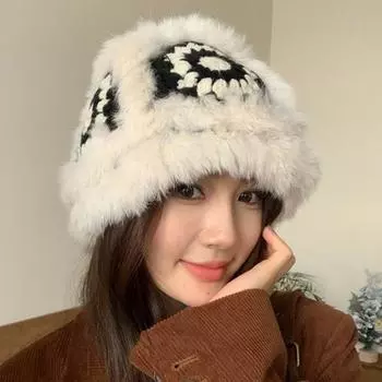 Осень-зима кроличья шерсть, ручная работа, пробуждающая тепло, шляпа со львом, морозостойкая рыбацкая шапка, женская милая кашемировая вязаная шапка-горшок One Size