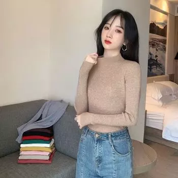 Осень-зима круглый вырез длинный рукав облегающий короткий трикотажный топ женский базовый свитер S красный