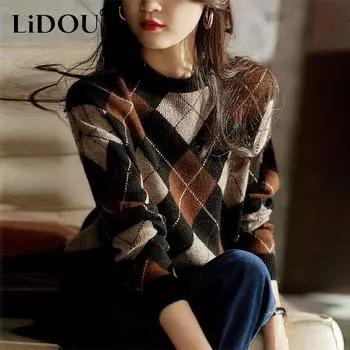 Осень-зима круглый вырез призматическая сетка винтажный свитер женский свободный повседневный универсальный пуловер джемпер женский нижний топ S чёрный
