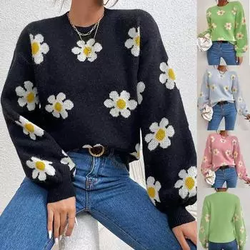 Осень-зима круглый вырез трикотажный свитер женский модный милый длинный рукав свободные свитера женский принт хризантемы теплый трикотаж топы 24638 S чёрный