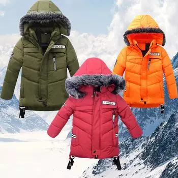 Осень-зима куртка для мальчиков теплая меховая воротник модное пальто для девочек с капюшоном на молнии верхняя одежда для детей ветровка 90 чёрный