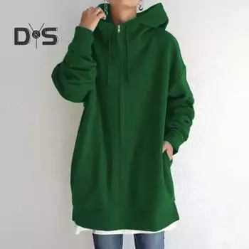 Осень-зима куртка с капюшоном застежка-молния толстовка с капюшоном на шнурке длинные рукава свободный однотонный теплый карманы средняя длина защита шеи пальто M темно-синий