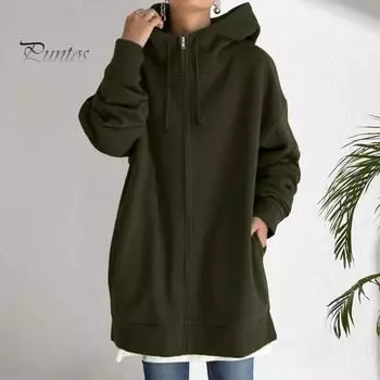 Осень-зима куртка с капюшоном застежка-молния толстовка с капюшоном на шнурке длинные рукава свободный однотонный теплый карманы средняя длина защита шеи пальто XL кофейный