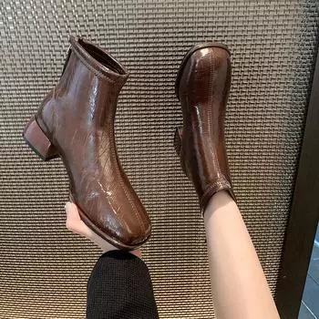 Осень-зима Квадратный носок Британские ботильоны на среднем каблуке Коричневые ботинки на толстом каблуке Женские эластичные ботинки Ботильоны Женские ботинки Туфли Высокие 35 бежевый