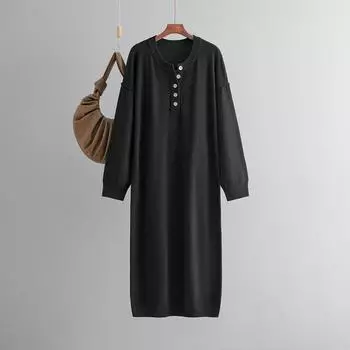 Осень-зима Ленивый ветер Свободный свитер с V-образным вырезом Костюм Женский длинный рукав Трикотаж Широкое платье One Size чёрный