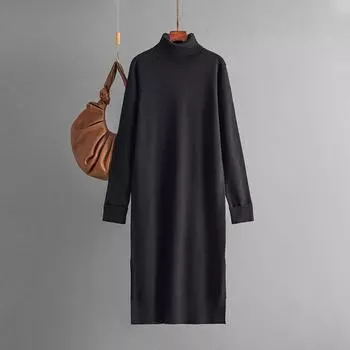 Осень-зима ленивый ветер свободный свитер с высоким воротником костюм женский длинный рукав трикотажное широкое платье One Size чёрный