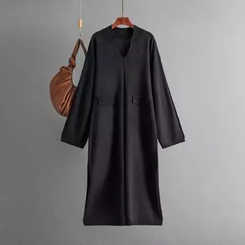 Осень-зима Ленивый ветер Свободный свитер с V-образным вырезом Костюм Женский длинный рукав Трикотажное широкое платье One Size чёрный
