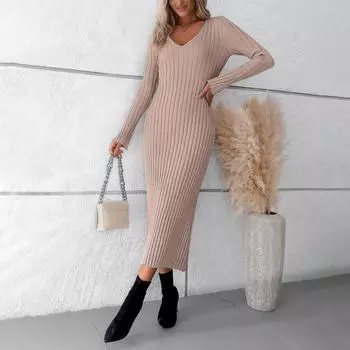 Осень-зима Ленивый ветер Свободный свитер с V-образным вырезом Костюм Женский длинный рукав Трикотажное широкое платье S бордовый