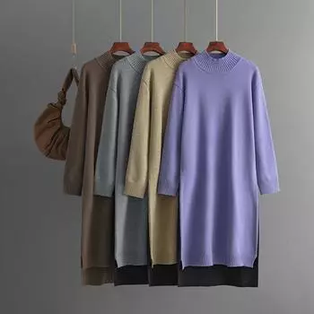 Осень-зима ленивый ветер свободный свитер с высоким воротником костюм женский длинный рукав трикотажное широкое платье One Size чёрный