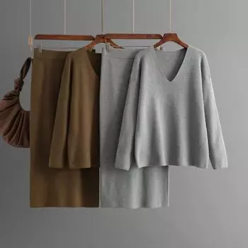 Осень-зима ленивый ветер свободный свитер с V-образным вырезом женский однотонный трикотажный свитер с длинным рукавом широкая юбка комплект из двух предметов One Size серый