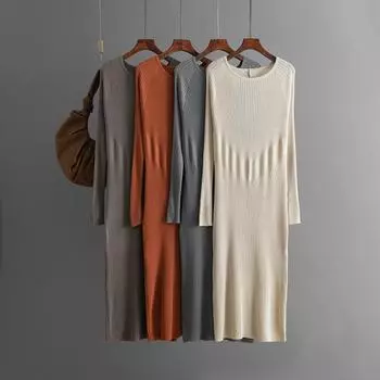 Осень-зима Ленивый ветер Свободный свитер с круглым вырезом Платье Женское Длинный рукав Трикотаж Широкая спина Открытые платья One Size чёрный