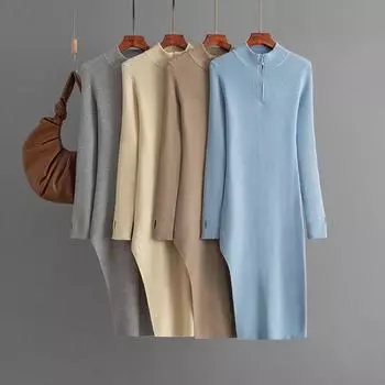 Осень-зима ленивый ветер свободный свитер с высоким воротником костюм женский длинный рукав трикотажное широкое платье One Size чёрный