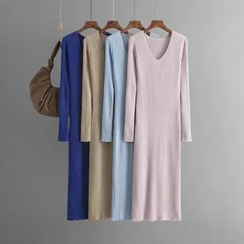 Осень-зима Ленивый ветер Свободный V-образный вырез Платье-свитер Женские Длинные рукава Прямой трикотаж Pit Strip Широкие платья One Size чёрный