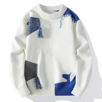 Осень Зима Лоскутная Вязаный Свитер Мужской Круглый Шея Свободные Повседневные Пуловеры Мужская Мода Вязаные Свитера Пуловер Трикотаж Мужской 4XL белый