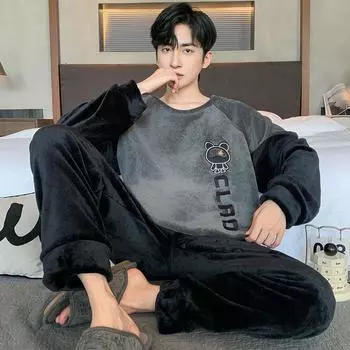 осень зима мальчик утепленная фланель теплые пижамы комплекты коралловый флис мультяшный принт пижамный комплект мягкая пижама мужская пижама домашняя одежда мужская одежда для отдыха L