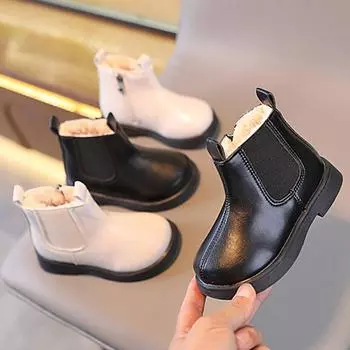 Осень-зима Мальчики Девочки Британская кожаная модная обувь Повседневные удобные короткие ботинки Детские нескользящие ботинки Martin на молнии 22