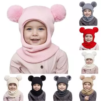 Осень-зима Мальчики Девочки Вязаная теплая шапка Защита ушей Цельный шарф Наушники Шерстяная вязаная шапка Милое украшение в виде мехового шарика хаки