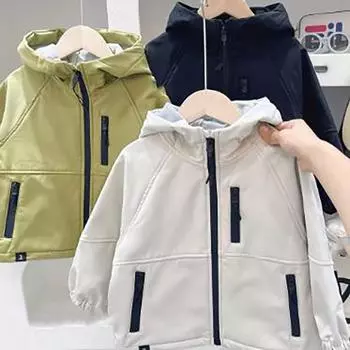 Осень-зима Мальчики с капюшоном Интегрированный бархат пальто Молния Утолщенный Детская верхняя одежда для мальчиков Заплатанные детские куртки для мальчиков 150cm чёрный