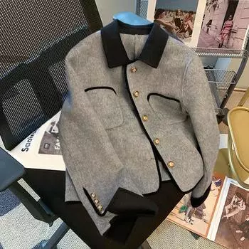 Осень-зима Маленькое ароматное ветровое полупальто с воротником Маленькое мужское шерстяное пальто для женщин Куртки и пальто женские S серый
