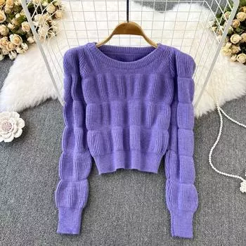 Осень/зима, милый пуловер с круглым вырезом, свитер с рукавами-фонариками, свободный универсальный короткий вязаный топ