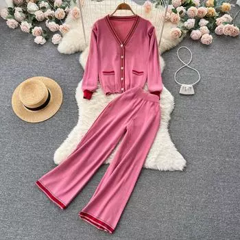 Осень-зима, милый розовый вязаный свитер для девочек, спортивный костюм с v-образным вырезом, однобортное пальто и широкие брюки длиной до щиколотки, комплект из двух предметов, трикотаж One Size розовый