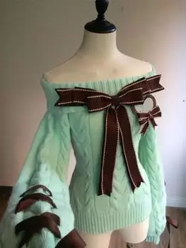 Осень-зима Милый сексуальный вязаный свитер с открытыми плечами Y2k E-girls Slim Fit Джемперы Повседневный длинный рукав Корейская мода Пуловеры S зелёный