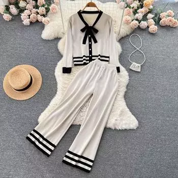 Осень-зима, милый вязаный свитер с бантиком для девочек, спортивный костюм с v-образным вырезом, однобортное пальто и широкие брюки длиной до щиколотки, комплект из двух предметов One Size бежевый