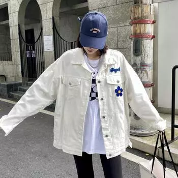 Осень-зима мода милые девушки мультфильм кролик бисер джинсовая куртка пальто женщины с длинным рукавом бойфренды влюбленные пара свободные джинсы верхняя одежда L белый