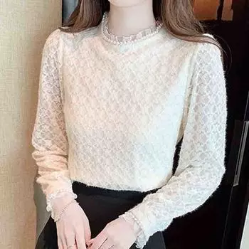 Осень-зима, мода, новинка 2024 года, блузка с длинным рукавом и круглым вырезом, абрикосовая бархатная кружевная блузка, женская рубашка, топы, блузки, рубашки J755 S абрикосовый