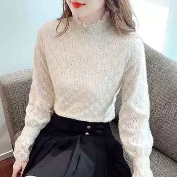 Осень-зима, мода, новинка 2024 года, длинный рукав, полувысокий воротник, абрикосовый бархат, кружевная блузка, рубашка, женские топы, блузки, рубашки J752 S абрикосовый