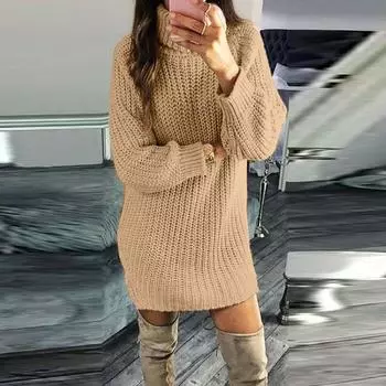 Осень/зима мода женщины водолазка свитер чистый цвет трикотажное платье пуловер топ XXL белый