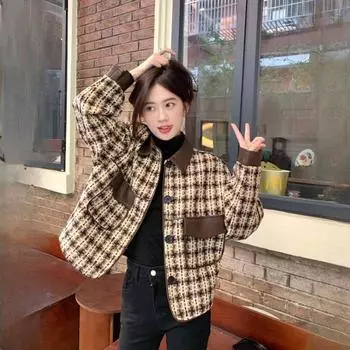 Осень-зима модная уличная верхняя одежда куртка женская ретро пэчворк дизайн Sense короткий свободный топ с длинными рукавами XL чёрный