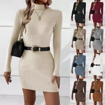 Осень-зима модное женское повседневное водолазка с длинным рукавом эластичное тонкое вязаное облегающее платье-свитер S кофейный