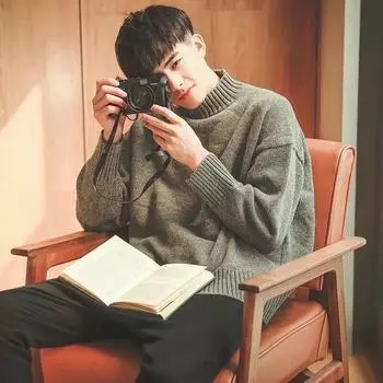 Осень-зима Модные однотонные свитера с длинным рукавом и высоким воротником Мужская одежда Повседневные универсальные теплые простые вязаные топы S белый