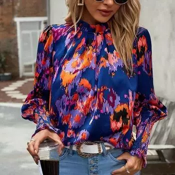 Осень-зима модные пуловеры с принтом, блузки, женские рубашки, элегантная рубашка с круглым воротником, женские офисные женские топы с длинными рукавами, свободная одежда 30297 S фиолетовый