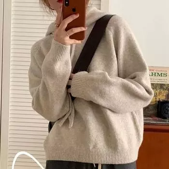 Осень-зима Модные толстовки с капюшоном Длинные рукава Однотонные пуловеры Женская одежда Повседневная универсальная одежда в японском стиле Трендовые простые топы S серый