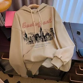 осень зима модные толстовки женские с принтом карман тонкие толстовки спортивные фитнес толстовки модные повседневные свободные унисекс свитера M серый