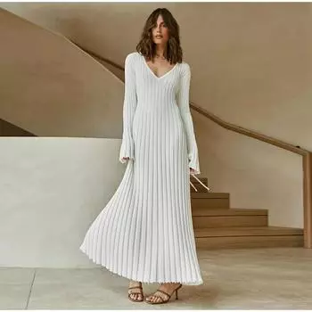 Осень-зима модные вязаные платья элегантные женские плиссированные макси платья с длинным рукавом на шнуровке тонкие черные повседневные трикотажные изделия S белый
