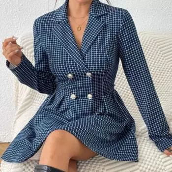 Осень-зима Модные женские пальто клетчатое платье с V-образным вырезом и длинным рукавом плиссированный двубортный пиджак офисный женский костюм блейзер платье S