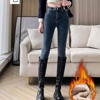 Осень-зима модные женские винтажные джинсы Харадзюку флисовые джинсы с высокой талией повседневные утолщенные теплые эластичные тонкие узкие джинсы уличная одежда 25 серый