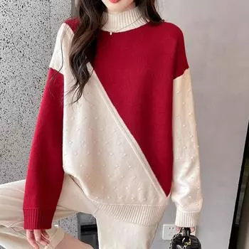 Осень-зима Модный стиль Женские цветные блоки с полувысоким воротом Свободные и универсальные повседневные женские свитера One size красный