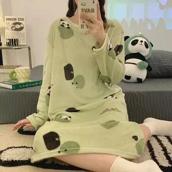 Осень-зима Мультфильм Панда зеленый Ночные рубашки и пижамы Теплая фланелевая ночная рубашка с длинным рукавом для молодых женщин Пижамы Домашняя одежда M