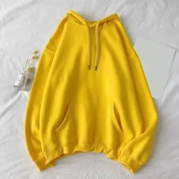 Осень-зима Мужская бейсбольная толстовка с капюшоном, свободный однотонный свитер с большим карманом и завязками, эластичные манжеты средней длины XL жёлтый