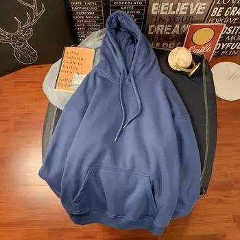 Осень-зима Мужская бейсбольная толстовка с капюшоном Свободный однотонный свитер с большим карманом и завязками С капюшоном Эластичные манжеты Средняя длина Повседневная повседневная одежда M синий